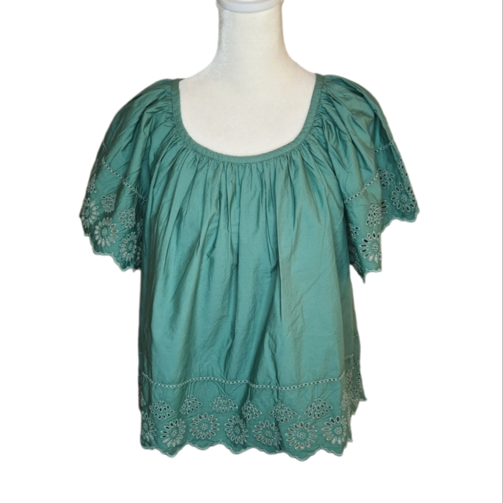 GAP Teal Eyelet Short Sleeve Peasant Top
